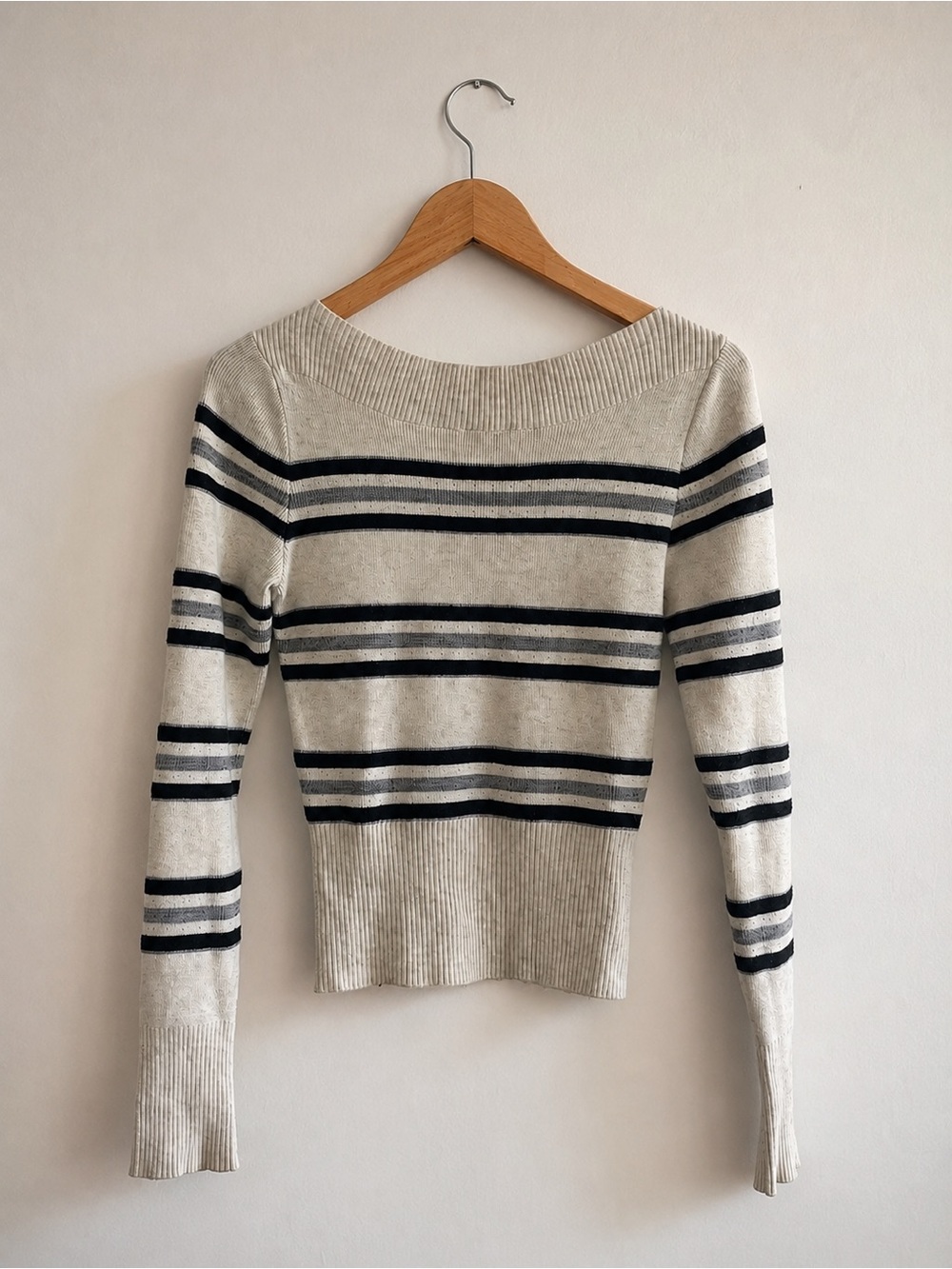 Free People Striped Rib Knit Sweater Cream Gray Black Fitted Size Medium
